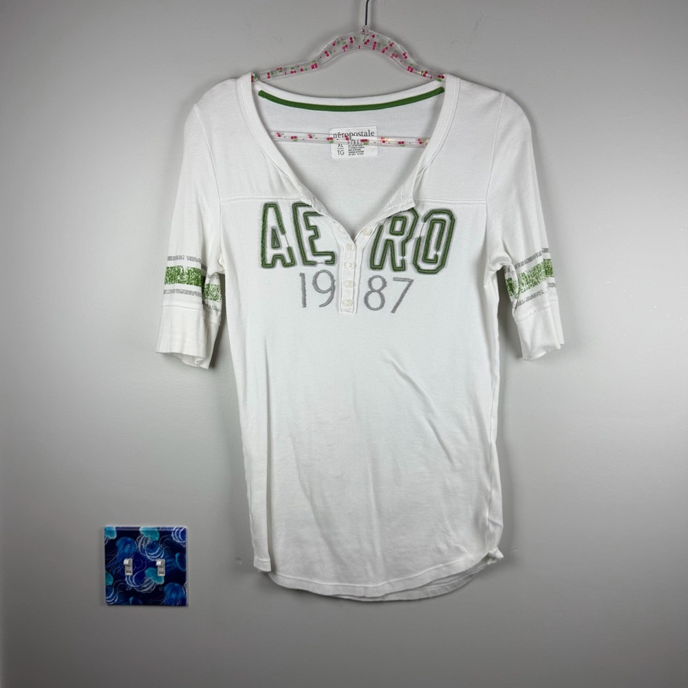 Aeropostale White Green Aero 1987 Spellout Y2K Henley Baseball Tee Shirt Top XL